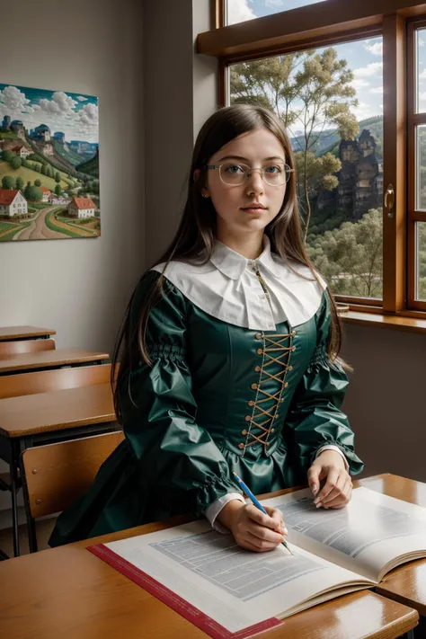 1girl, (designed by Pieter Brueghel the Younger:1.1) , studio Painting, (dark green theme:0.7) , landscape of a ([The Blue Mountains|Vaduz]:1.3) from inside of a School, it is very Frustrated and Nerdy, Homely pond with Dogwood, Clear skies, Contemporary, Sad, Dada Art, Lens Flare, 800mm lens, Colorless, underpainting, Ribbons, ultra high res, Best quality, womanly, gothic, hopeless