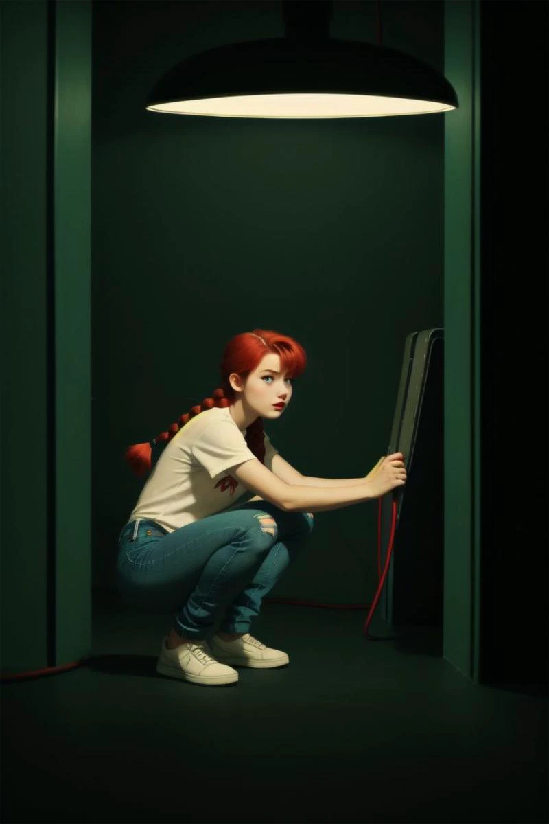 1girl, solo, ranma-chan, red hair, braid, retro, cars, ripped jeans, looking at viewer, squatting, neon lights, cinematic,  jeans, from below