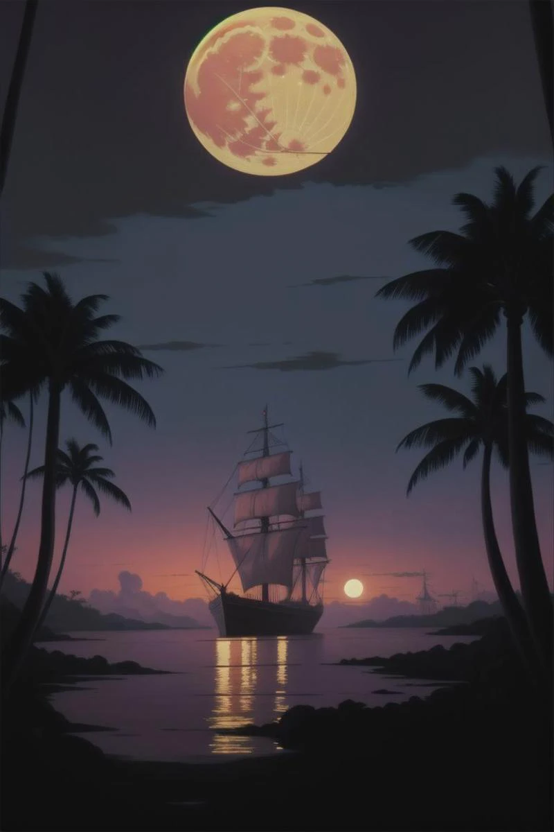 a pirate ship sailing through a tropical forest at sunset with a full moon in the background, with a boat in the foreground,  cinematic matte painting, a detailed matte painting, fantasy art. cyberpunk, vaporwave, vibes, vibrant, stunningly beautiful, crisp, detailed, sleek, ultramodern, specular highlights, dark purple shadows, high contrast, cinematic, ultra-detailed, intricate, professional