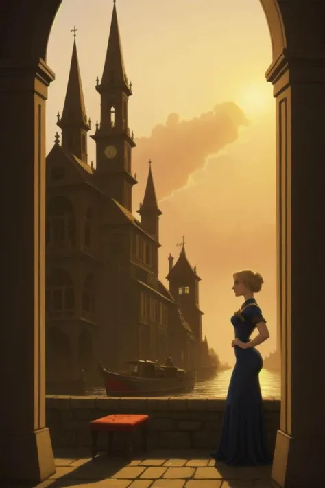 Steampunk setting, thoughtful, elegant, surreal, elegant blonde woman, expressive eyes, blonde hair, thick braid, (red dream frock:1.1), gold embroidery, long skirt, neat shoes,  fantasy Victorian mansion in background,  airships, (masterpiece, high quality, best quality:1.3), full body shot, looking off in the distance, sitting on stone bench, bench made of stone, fantasy Victorian docks background, ferry boats, realistic lighting, dawn, morning sunlight, atmosphere,