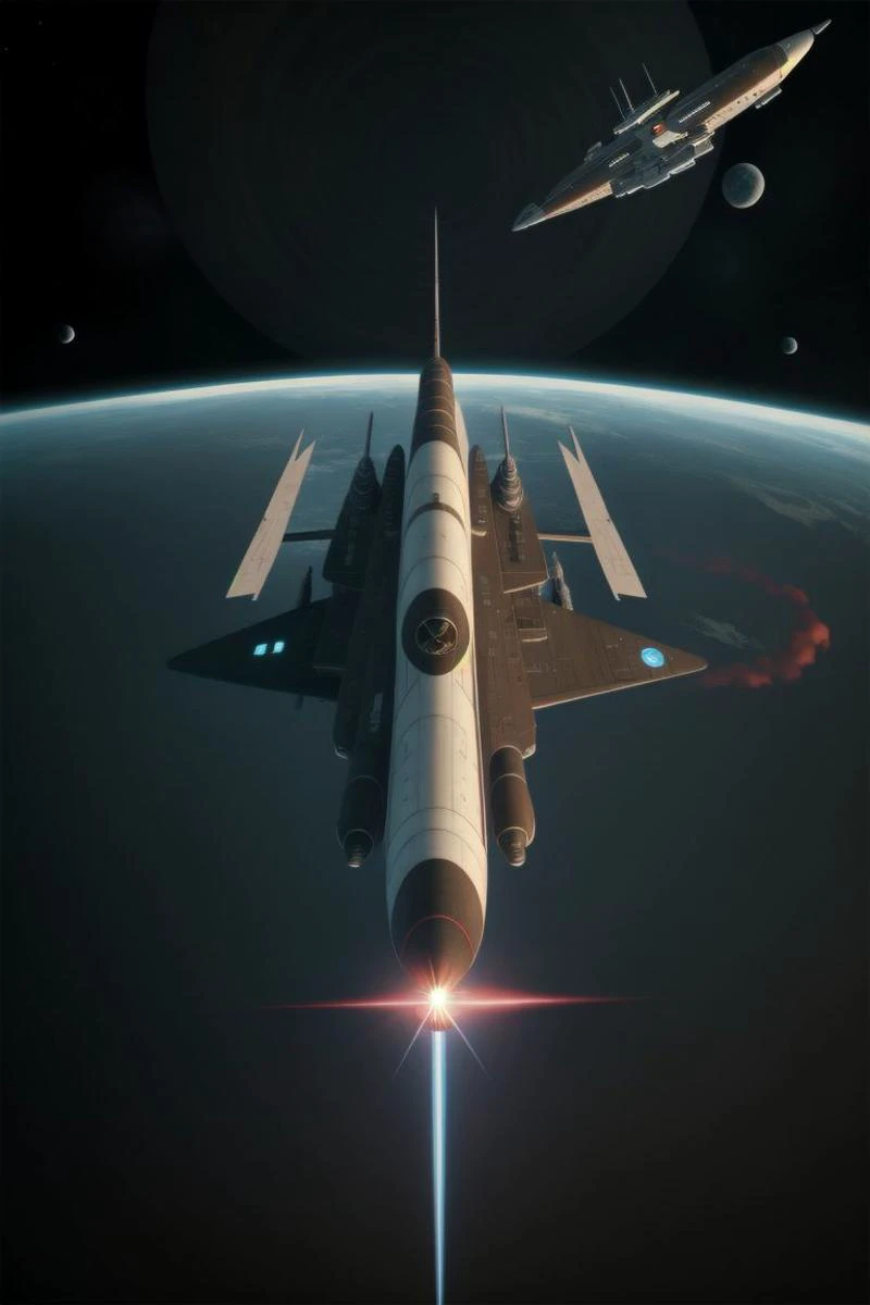 high quality, 8K Ultra HD, highly realistic, The great and sleek ship is moving forward, blasting through space. It has powerful cannons facing forward that are unleashing powerful blue neutron beams upons and unsee foe. Embark on an enchanting 8K photorealistic journey as a magnificent starship blasts through a star system. The ship gracefully flies among other ships. The starship's design boasts advanced technological elements. The camera captures every minute detail, by VelvetS, octane render, Isometric,