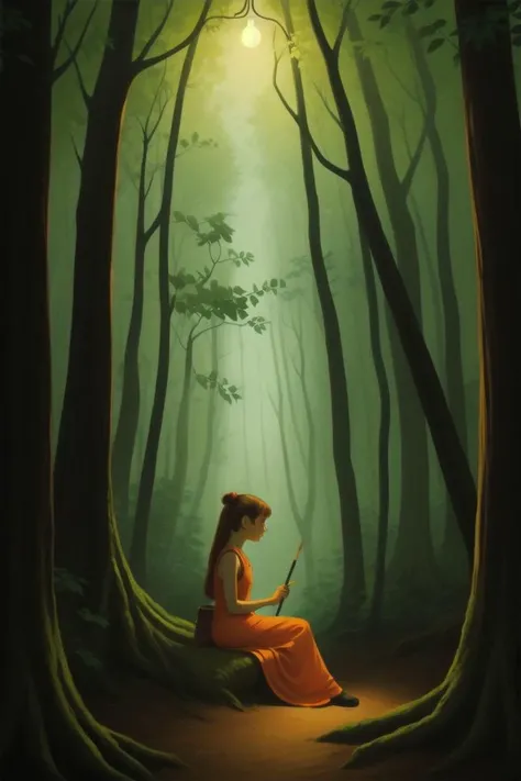 A girl is sitting in a forest with a glowing light.,  illustration, holding paintbrush in hand, orange foliage