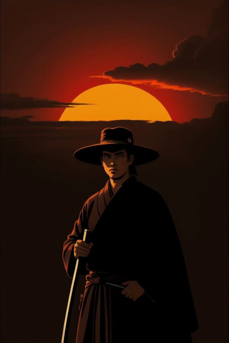 8k, close-up illustration, high quality, 8K Ultra HD, highly detailed, 
hyper-detailed, 4k, masterpiece, samurai robot warrior, wearing large traditional straw hat, glowing red eyes, dark silhouette, detailed armor with technological elements, flowing tan and black robes, holding a katana, red sun setting in background, silhouette of bamboo plants, smoky misty environment