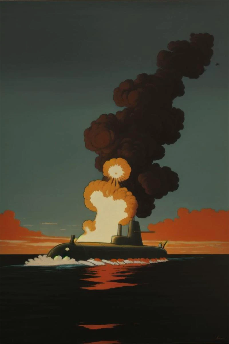 Gauguin style drawing of an submarine on fire, explosions, on sea, a new dawn is on the horizon, undefined