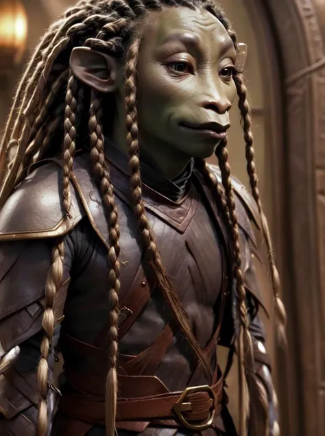 drenchen, gelfling, male, close up, elegant robes, leather armoured, medium hair, dreadlocks, braids, relaxed, smooth skin, muppet, <lora:Gelfling_Clans_Dark_Crystal:1>