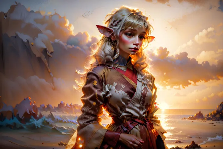 vapra, gelfling, female, cowboy shot, beautiful, upper body, elegant golden robes, robes, white hair, smooth skin, beach, rim lighting,<lora:Gelfling_Clans_Dark_Crystal:1> <lora:Oil_Color1.0-000003:.8> <lora:epi_noiseoffset2:.6> <lora:add_detail:.7>