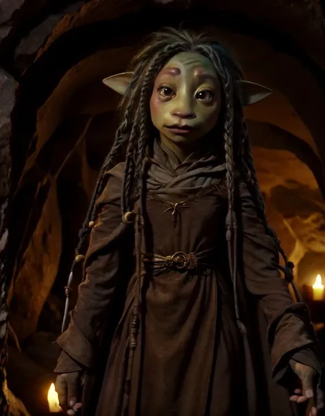 stonewood, gelfling, female, beautiful, close up, elegant robes, robes, hooded, long hair, smooth skin, muppet, hands raised <lora:Gelfling_Clans_Dark_Crystal:1>