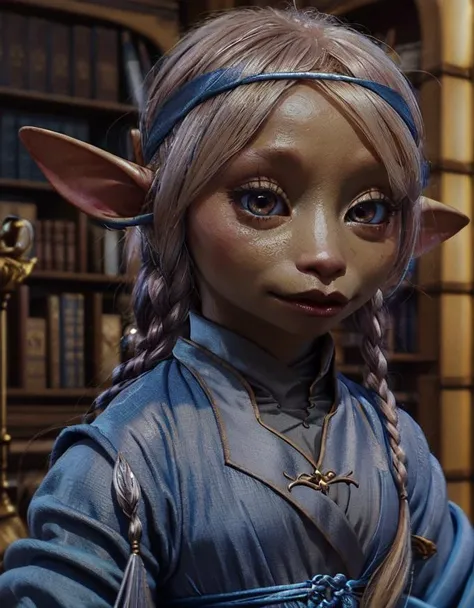 brea, vapra, gelfling, female, wearing satin lightblue robes, medium blonde hair, braids, headband, half body, indoors, fantasy castle library, smooth, godrays, large eyes apart, wide head, <lora:GelflingsV2-000011:1>