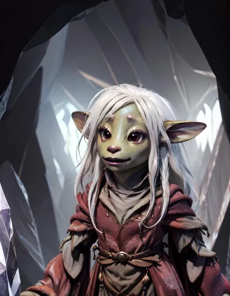 stonewood, gelfling , upper body, old robes, random hairstyle, random hair colour, glowing cave with crystals, sidelit <lora:Gelfling_Clans_Dark_Crystal:1>