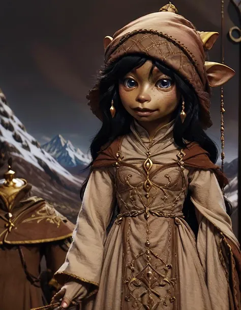 spriton, gelfling, older male, wearing beige brown robes, armour, helmet dark long hair, half body, mountain range, big eyes, puppet <lora:GelflingsV2-000011:1>