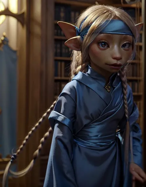 brea, vapra, gelfling, female, wearing satin lightblue robes, medium blonde hair, braids, headband, jewelry, half body, indoors, fantasy castle library, smooth, godrays, large eyes apart, wide head, <lora:GelflingsV2-000011:1>