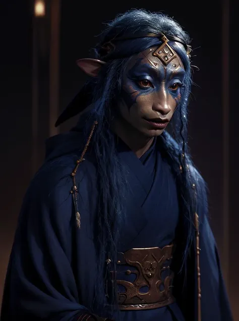 dousan, gelfling, older male, close up, gurjin, beautiful, upper body, elegant darkblue robes, robes, jewelry, samurai bun hair, smooth skin, headband, muppet, (elegant facepaint) <lora:Gelfling_Clans_Dark_Crystal:1>