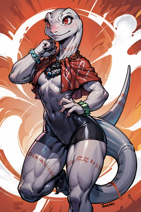 <lora:crusch-v1-128-novelai:1> crusch, tribal markings, tribal tattoo, lizard, scalie, flat chest, flat chested, tail, thick tail, capelet, cape, necklace, bracelet, reptile, anthro, white body, red eyes