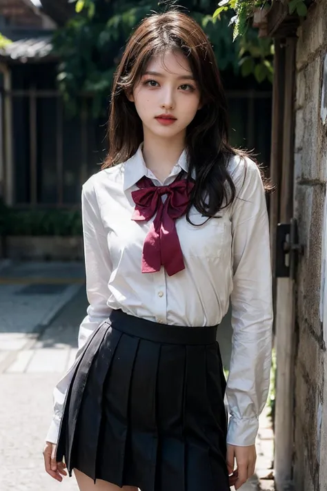 ((Top quality, 8k, Masterpiece: 1.3)), beauty, hidden face, 1 girl, beauty: 1.3, slender abs: 1.1, Japanese high school uniform, white shirt, full, plaid short skirt, bow tie, over-the-knee socks, long black hair, (kneeling on the bed), ultra-detailed face, highly detailed lips, detailed eyes, double eyelids, strict head and body proportions,
