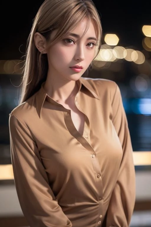 1girl,(wearing a light brown blouse:1.4),(RAW photo, best quality), (realistic, photo-realistic:1.4), masterpiece, an extremely delicate and beautiful, extremely detailed, 2k wallpaper, Amazing, finely detail, extremely detailed CG unity 8k wallpaper, ultra-detailed, highres, soft light, beautiful detailed girl, extremely detailed eyes and face, beautiful detailed nose, beautiful detailed eyes,cinematic lighting,city lights at night,perfect anatomy,slender body,close up, <lora:tsunko_lora:0.7>