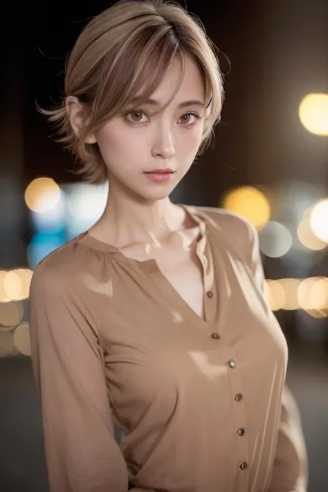 1girl,(wearing a light brown blouse:1.4),(RAW photo, best quality), (realistic, photo-realistic:1.4), masterpiece, an extremely delicate and beautiful, extremely detailed, 2k wallpaper, Amazing, finely detail, extremely detailed CG unity 8k wallpaper, ultra-detailed, highres, soft light, beautiful detailed girl, extremely detailed eyes and face, beautiful detailed nose, beautiful detailed eyes,cinematic lighting,city lights at night,perfect anatomy,slender body,close up, <lora:tsunko_lora:0.7>