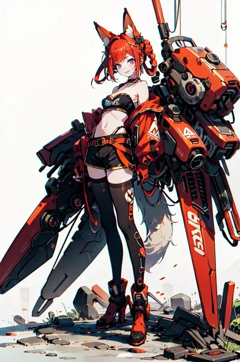 <lora:v1.0 fox ear_20230623095603-000015:0.7> Fox ears, Mecha, machine, Bushy tail,, ultra detailed, masterpiece, best quality, aesthetic, detailed,, solo, seductive smile, red lips,
1girl, purple eyes, red hair, blunt bangs, medium breasts, <lora:hair_rings:1> low hair rings, <lora:EllaNyan:1>,, taut clothes, choker, bandeau, elbow gloves, taut shorts, lowleg shorts, navel, groin tendon, belt, patterned legwear, pantyhose, (pantyhose under shorts:1.2), high heel boots,