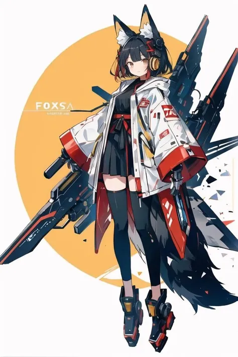 illustration, 1girl, solo, full body, Fox ears, Mecha, machine, Bushy tail, single tail, Mechanical body, red, (yellow:1.6), (black:1.4), intricate background, detailed background <lora:fox ear_20230623095603:0.6>,black hair, red hair highlights, hands