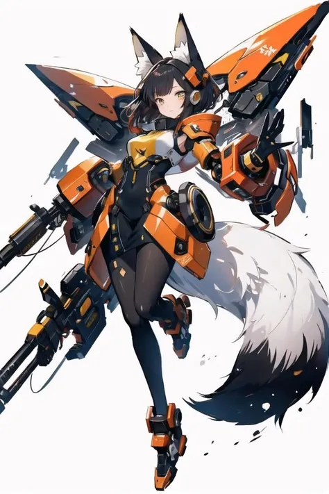 illustration, 1girl, solo, half body, dynamic pose, Fox ears, Mecha, machine, Bushy tail, single tail, Mechanical body, red, (yellow:1.6), (black:1.4), intricate background, detailed background, dynamic lighting <lora:fox ear_20230623095603:0.5>,black hair, red hair highlights, hands