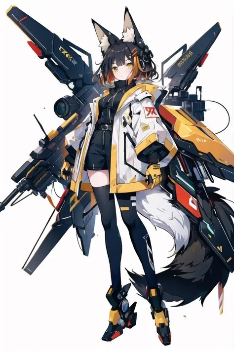illustration, 1girl, solo, full body, Fox ears, Mecha, machine, Bushy tail, single tail, Mechanical body, red, (yellow:1.7), (black:1.4), intricate background, detailed background <lora:fox ear_20230623095603:0.6>,black hair, red hair highlights, hands