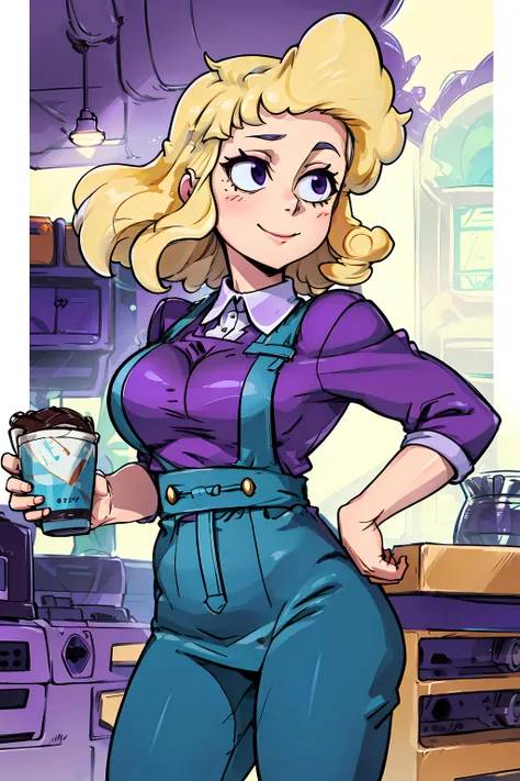 (((picture perfect))), (absurdres),   <lora:sadiemiller:1> sadiem, purple outfit, purple barista uniform