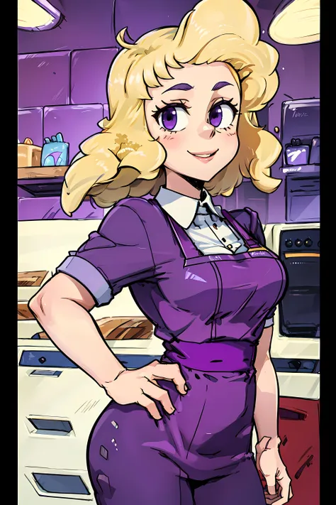 (((picture perfect))), (absurdres),   <lora:sadiemiller:1> sadiem, purple outfit, purple barista uniform