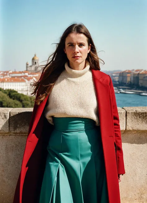 A stunning intricate full color portrait of (sks woman:1) in Lisbon, at the Belem Tower, wearing Skirt and a sweater, epic character composition, sharp focus, natural lighting, subsurface scattering, f2, 35mm, film grain, , by Tim Walker, <lora:locon_emilywatson_v1_from_v1_64_32:1>
