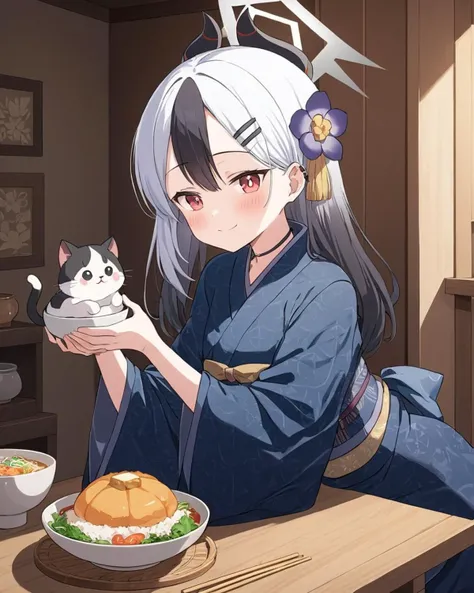 kayoko \(blue archive\),1girl, cat, halo, horns, seiza, hair_flower, official_alternate_costume, petting, black_kimono, holding, ear_piercing, shouji, wide_sleeves, closed_mouth, smile, animal, blush, calico, hairclip, solo, earclip, chopsticks, long_sleeves, indoors, food, bowl, mole_on_neck, blue_kimono
<lora:kayoko_(blue_archive)_image350_batch3_v1-000045:1>,halo,. gorgeous,key visual, vibrant, studio anime,award-winning, professional, highly detailed,high budget, cinemascope