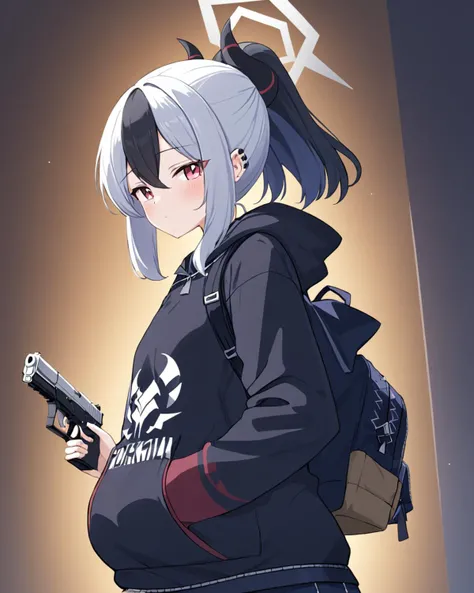 kayoko \(blue archive\),1girl, solo, suppressor, horns, handgun, ponytail, hand_in_pocket, holding_gun, halo, black_hoodie, backpack, long_sleeves, blush, ear_piercing, heckler_&_koch, trigger_discipline, earclip, sidelocks
<lora:kayoko_(blue_archive)_image1860_2023-11-28-000012:1>halo. gorgeous,key visual, vibrant, studio anime,award-winning, professional, highly detailed,high budget, cinemascope