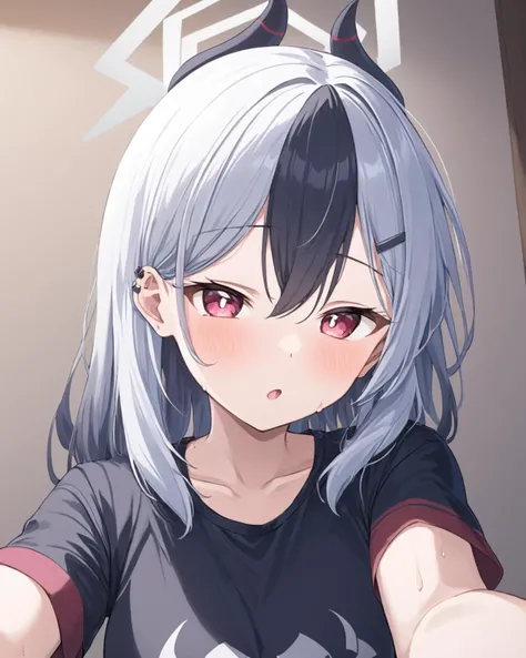 kayoko \(blue archive\),1girl, solo, selfie, black_shirt, horns, blush, upper_body, ear_piercing, sweat, v, looking_at_viewer, earclip, short_sleeves, halo, tongue
<lora:kayoko_(blue_archive)_image1860_2023-11-28-000012:1>halo. gorgeous,key visual, vibrant, studio anime,award-winning, professional, highly detailed,high budget, cinemascope
