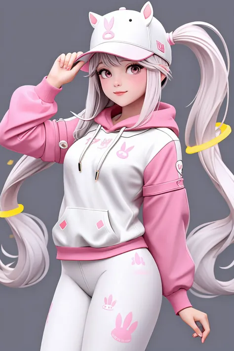 alicebunny, hoodie, hat, white leggings, floating hair ornament,<lora:alice-nikke-richy-v1:1>, background not limited to children, by artgerm, by studio muti, greg rutkowski makoto shinkai takashi takeuchi studio ghibli