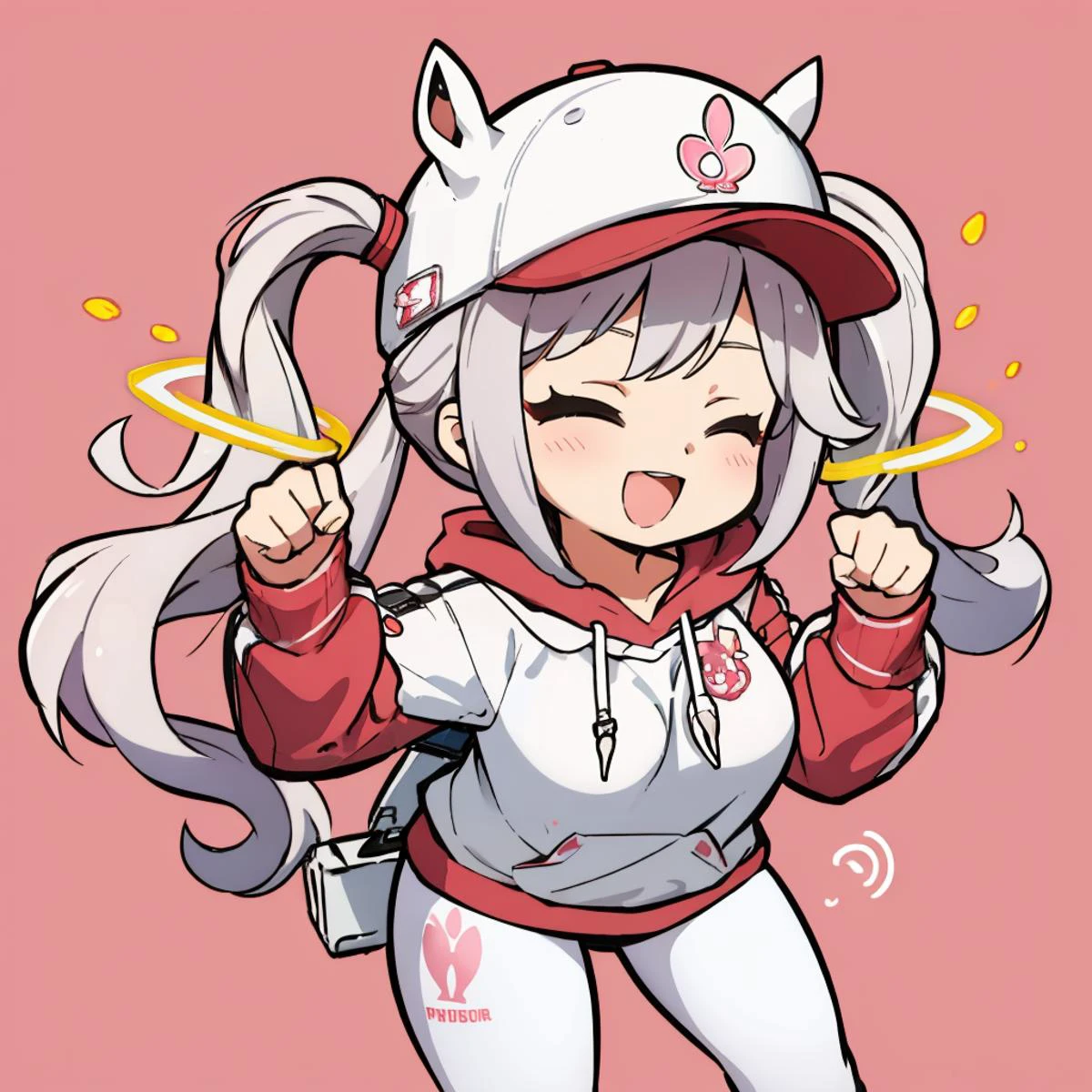 masterpiece, best quality, <lora:alice-nikke-richy-v1:1> alicebunny, hoodie, hat, white leggings, floating hair ornament, closed eyes, happy, :D, fist pump, raised fist, chibi, simple background <lora:DarkCabalChibiStyle:1> , standing