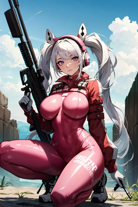 best quailty,Super-High Resolution,(真实感:1.4),masterpiece,1girl,Kpop idol,(aegyo sal:1.0),Puffy eyes,(the ruined city),alice\(nikke\),(Pink tights),((Ear headphones)),(Shiny clothes),dual horsetail,(Latex onesies),(rubber catsuit),shoe,(cleavage),(slim),((gray hairs)),(silber hair),(greyt hair), ((Red eyes)),(looking looking at viewer),(ssmile),Happy,(length hair),nsfw,depth of fields,Detail face,shiny skins,Nice detail eyes,Heavy eye makeup,a slender waist,Blushlush,detail eye makeup,Perfect anatomy,opening legs(pureerosface_v1:0.55),