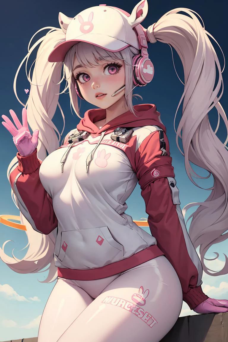 (masterpiece, best quality), 1girl, beautiful face, <lora:alice-nikke-richy-v1:1> alicedef, headphones, gloves, alicebunny, hoodie, hat, white leggings, floating hair ornament,