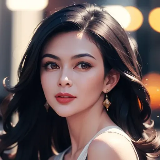 realistic,best quality,(masterpiece:1.2),absurdres,(1girl, solo),watercolor,a beautiful woman,shoulder,long hair,half body portrait,extremely luminous bright design,autumn lights,looking at viewer,<lora:llfRosamund Kwan:1>,