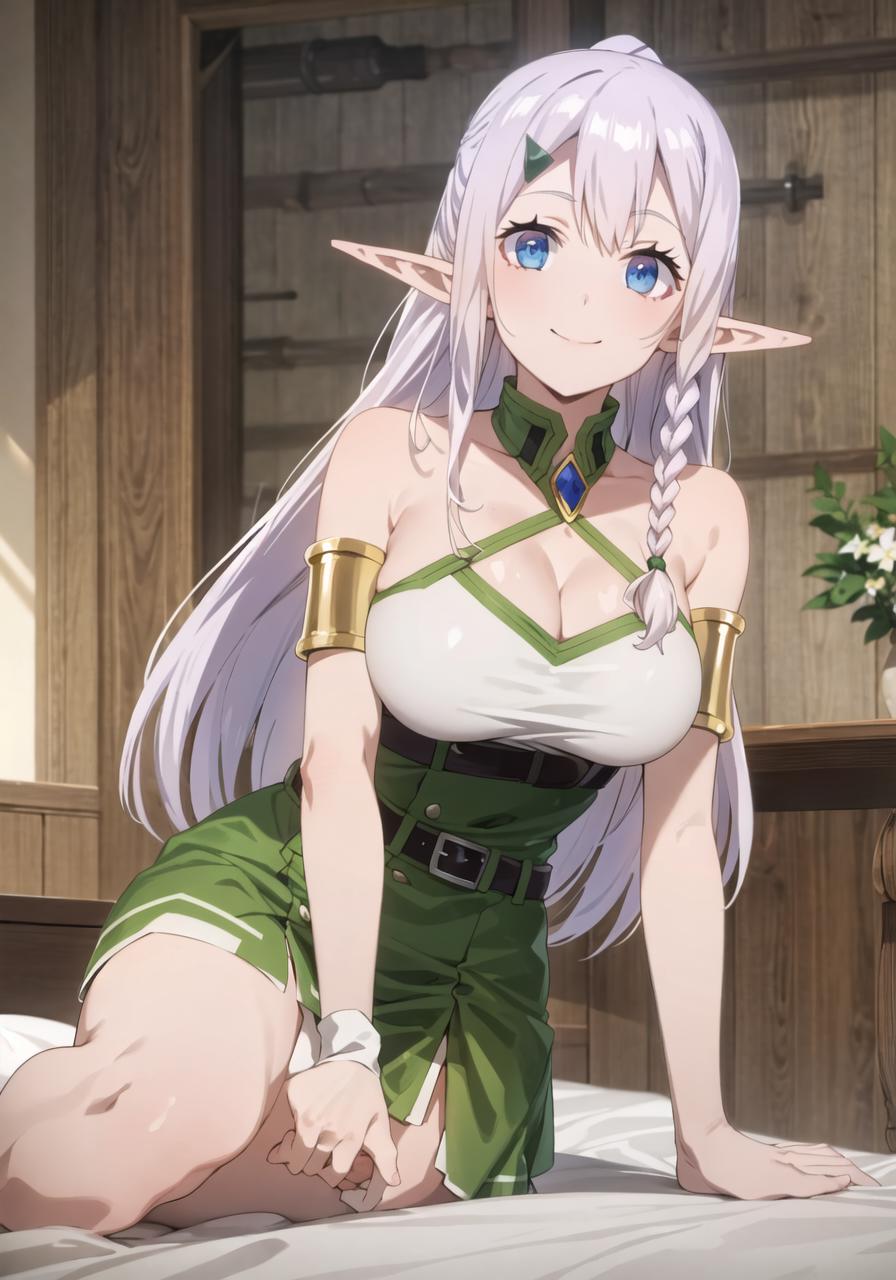 A woman in a green dress sitting on a bed with a sword - SeaArt AI
