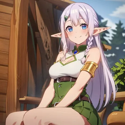 best quality, 4k, ((masterpiece)), extremely detailed, 8k, trending on ArtStation, Intricate, High Detail, Sharp focus, farm, day, forrest, anime coloring,
<lora:chara_IsekaiNonbiriNouka_Ria_v1:0.8>, sitting, (from front:1.2), on tree, nsfw, (looking at viewer:1.2), (medium breasts:1.2), skindentation, blush, smile, 1girl, (solo:1.2),
ria, elf, blue eyes, pointy ears, long hair, hair ornament, braid,hairclip, green dress, side braid, very long hair, bangs