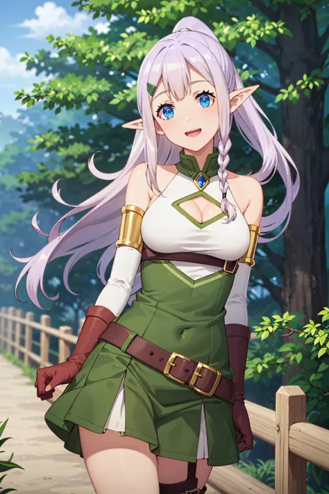 best quality, masterpiece, highly detailed,
<lora:chara_IsekaiNonbiriNouka_Ria_v2:0.8>, ria,
solo, light smile, open mouth,
purple hair, long hair, ponytail, blue eyes, pointy ears, hairclip, side braid, medium breasts,
green dress, cleavage cutout, sleeveless, elbow gloves, armlet, gold trim, belt,
standing, head tilt, looking at the viewer,
tree, grass, sun