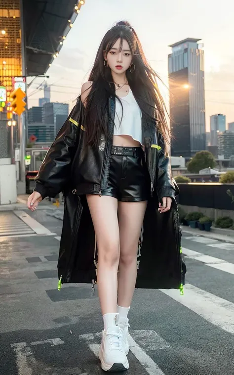 1girl, Chinese, long hair, wearing oversize jacket, black leather shorts, white sneaker, earrings, cityscape. full body, 8k, HDR, photorealistic, realistic, slim legs, masterpiece, best quality, overall_view, looking at viewer,