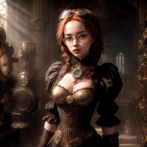 <lora:steampunk-LECO:-0.5>, 1girl, RenataValliulina, looking at viewer, (full body shot:1.2), (wearing gothic Victorian dress, round glasses, brass goggles on head, eyeliner), French braid, hair-bun, steampunk workshop, Victorian, Gothic architecture, brass, gold, polished, mechanical, machinery, bright morning sunlight shining, god-rays (masterpiece:1.2) (best quality:1.2) (detailed) (intricate) (8k) (HDR) (cinematic lighting) (sharp focus) <lora:add_detail:1.2> OverallDetail