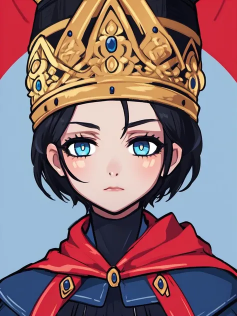 RAW photo, (high detailed skin, detailed eyes:1.1), intricate details, best quality, 8k uhd, 1girl, solo, Rennala, short black hair, blue eyes, ReDres,  jewelry, blue robe, long crown, long sleeves, wide sleeves, sad expression, tall woman <lora:Rennala:0.8>