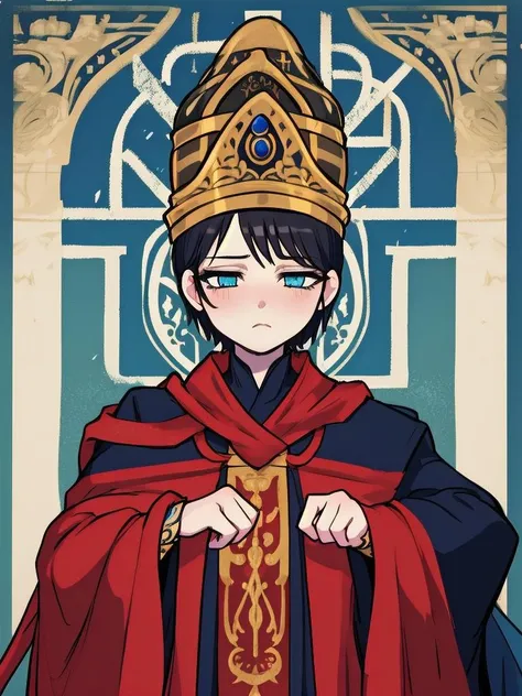 RAW photo, (high detailed skin, detailed eyes:1.1), intricate details, best quality, 8k uhd, 1girl, solo, Rennala, short black hair, blue eyes, ReDres, jewelry, blue robe, long crown, long sleeves, wide sleeves, sad expression, tall woman <lora:Rennala:0.8>