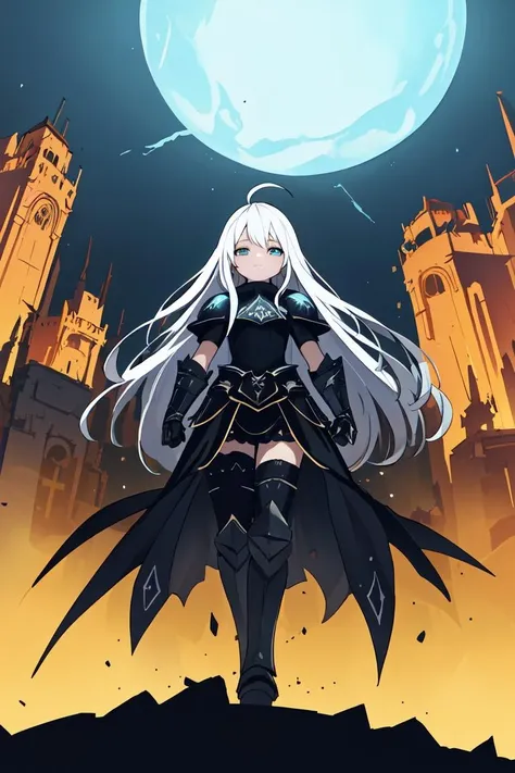 ((masterpiece, best quality)), ultra-detailed, 1girl, solo, ahoge, white hair, very long hair, blue eyes, neutral expression, flat chest, medieval, heavy armored, soft fabric waist extension, surreal, blue sky, black clouds, black castle, strong shadows, wide shot, ray tracing, fantasy, apocalypse, cataclysmic event, vivid contrast, rich tonality, black gauntlets, darkness, volumetric dim lighting, blue theme, dark trim, chaos theme, timeless artistry, intricate details, ruler, evil, villain, supreme being
