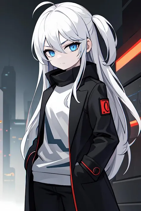 ((masterpiece, best quality)), best 2d hands, cowboy shot, 1girl, solo, fantasy cyberpunk background, night, glow, very long hair, white hair, ahoge, blue eyes, expressionless, looking at viewer, flat chest, pale skin, cold attitude, black blouse, coat, armored, futuristic, long one side up, hand in pocket