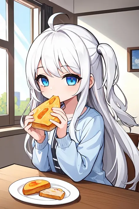 ((masterpiece, best quality)), ultra-detailed, 1girl, solo, ahoge, white hair, very long hair, neutral expression, blue eyes, long one side up, eating breakfast, casual clothes, sun rays, window, sun