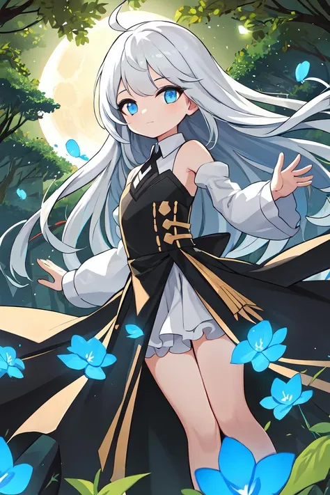 ((masterpiece, best quality)), ultra-detailed, 1girl, solo, forestscape, night, glow, very long hair, white hair, ahoge, blue eyes, neutral expression, flat chest, black gown, surreal, luminescent, glow, blue fireflies, ray tracing, bare shoulders, light particles, moon, stars, intricate, dynamic pose, wide shot, clouds, trees, leaves, blue theme, black trim, blue trim, blue flowers, long sleeves
