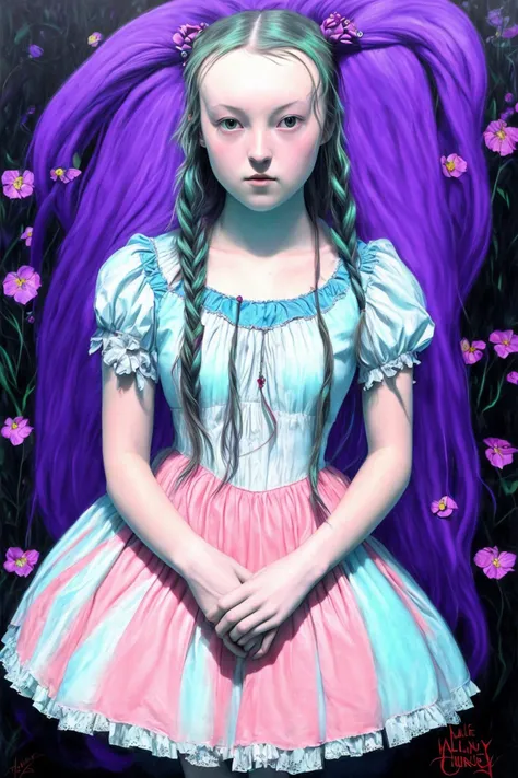 1girl bellaramsey as alice in wonderland, realistic, bright colors, dark_background:1.2, full_body photorealism