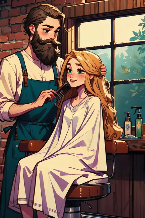closeup, retro barbershop,two people, man with a beard,apron, holding comb, combing, girl in white cloth, sitting on swivel stool, window, mirror, portrait poster, faded red brick wall,high quality, masterpiece,<lora:girllikeretrobarbershop:.8>
rapunzel, green eyes, long blonde hair, looking happy, blush, <lora:rapunzel:.7>