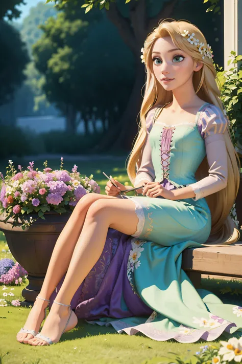 <lora:rapunzelV2:0.7>, rapunzel 1girl, blonde hair, long hair, green eyes, very long hair, flower, dress, feet, flowers, (masterpiece, high quality, best quality:1.3), Detailed