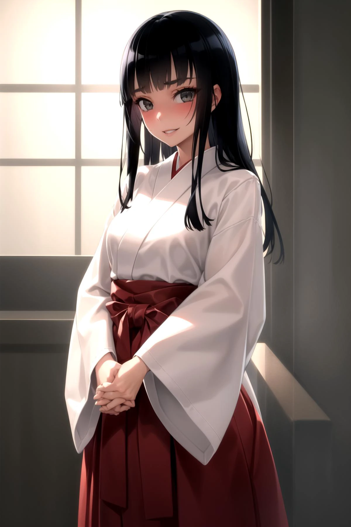 <lora:murakami_suigun_v0.1:1>
1girl, solo, long hair, breasts, looking at viewer, blush, smile, bangs, black hair, long sleeves, standing, parted lips, japanese clothes, wide sleeves, blunt bangs, kimono, black eyes, own hands together, hakama, hakama skirt, miko, red hakama, masterpiece, best quality, highly detailed